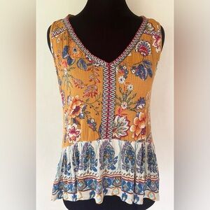 PATRONS OF PEACE Embroidered Orange Floral Smocked Sleeveless Top Size S Boho
